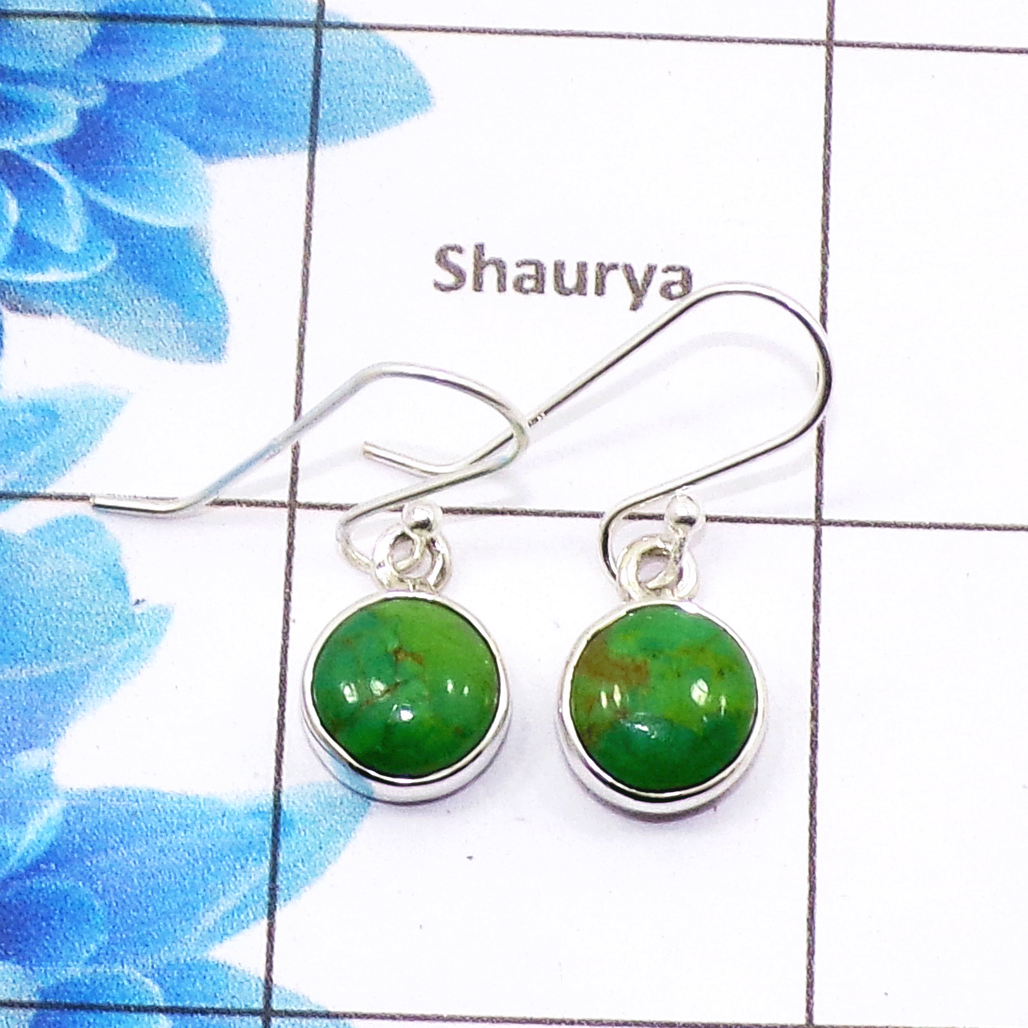 Natural Green Copper Turquoise Cab Earring D - SPE756-Newly Collection Round Shape 925 Sterling Silver Factory Handmade Earrings