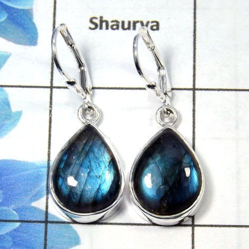 Labradorite Cab B - SPE760-Leverback 925 Sterling Silver Factory Handmade Earrings