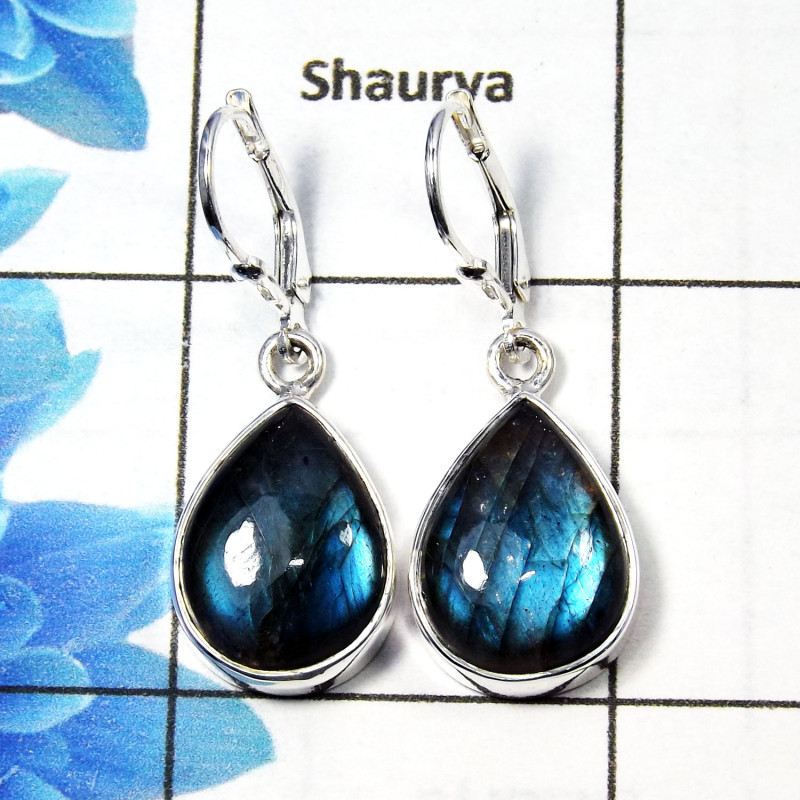 Labradorite Cab B - SPE760-Leverback 925 Sterling Silver Factory Handmade Earrings Labradorite Cab B - SPE760-Leverback 925 Sterling Silver Factory Handmade Earrings