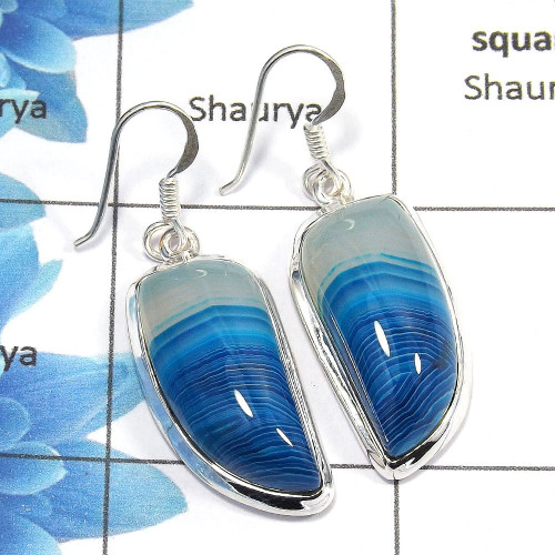 Agate Cab - D SPE762 - Gorgeous Natural Agate Gemstone 925 Sterling Silver Plain Setting Dangle Earring