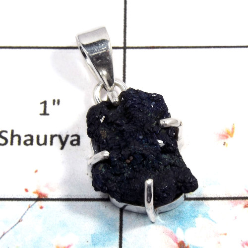Azurite Rough - A SPS879 - Natural Blue Azurite Rough Gemstone 925 Sterling Silver Prong Setting Pendant