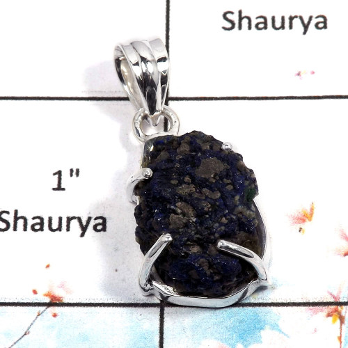 Azurite Rough - D SPS879 - Natural Azurite Rough Stone 925 Sterling Silver Prong Setting Wholesale Pendant