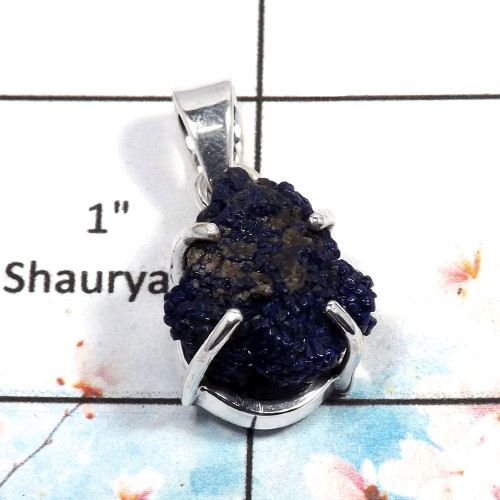 Azurite Rough - E SPS879 - Gorgeous Azurite Rough Gemstone Prong Setting Pendant Solid 925 Silver