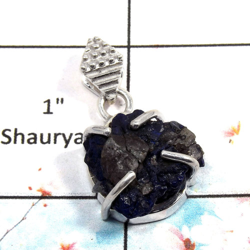 Azurite Rough - I SPS879 - Solid 92.5% Sterling Silver Natural Azurite Rough Stone Prong Setting Wholesale Pendant