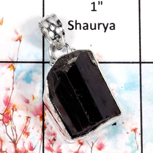 Black Tourmaline-A SPS883-Natural Rough Gemstone Handmade Wholesale Pendant 925 Sterling Silver