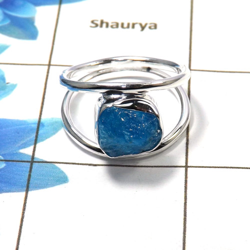 Raw Natural Neon Apatite Gemstone -SRR972-C-Sterling Silver Raw Gemstone Ring