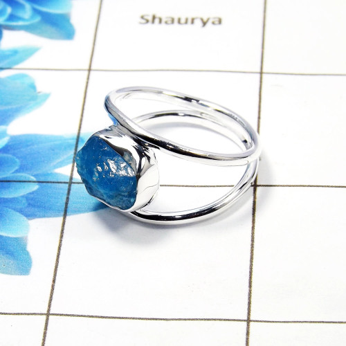 Raw Natural Neon Apatite Gemstone -SRR972-C-Sterling Silver Raw Gemstone Ring