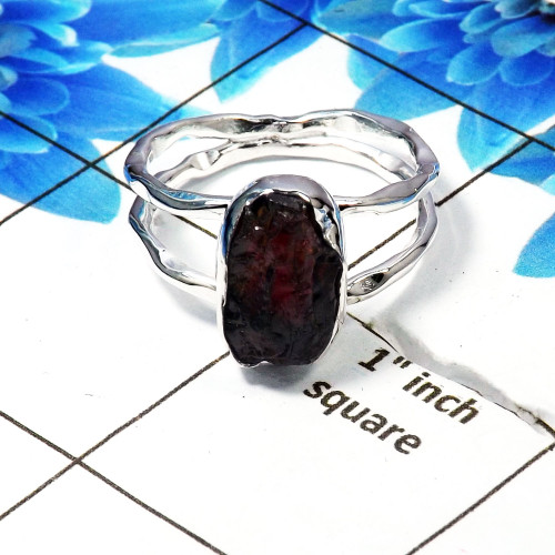 Raw Natural Garnet Gemstone -SRR972-E-Sterling Silver Raw Gemstone Ring
