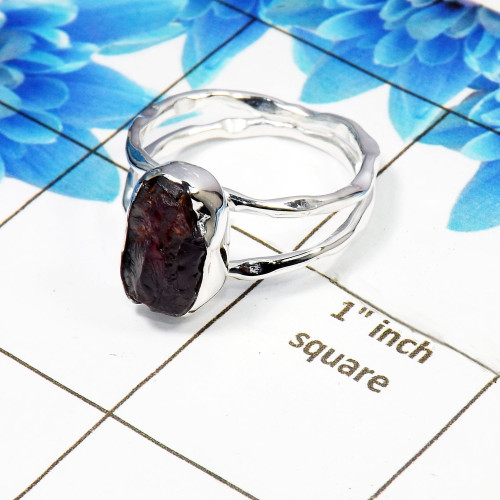 Raw Natural Garnet Gemstone -SRR972-E-Sterling Silver Raw Gemstone Ring