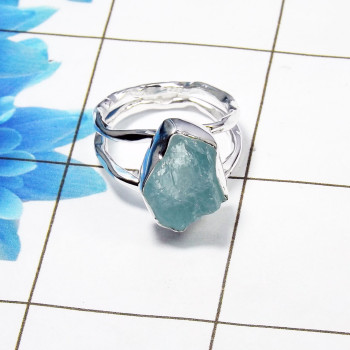 Raw Aquamarine Gemstone -SRR972-G-Sterling Silver Raw Gemstone Ring
