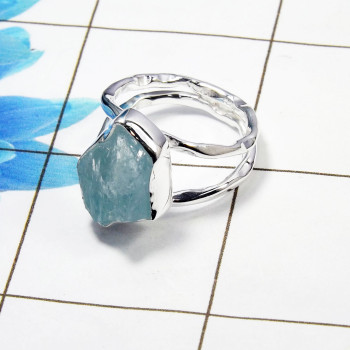 Raw Aquamarine Gemstone -SRR972-G-Sterling Silver Raw Gemstone Ring