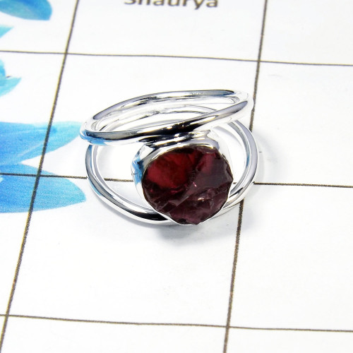 Raw Natural Garnet Gemstone -SRR972-O-Sterling Silver Raw Gemstone Ring