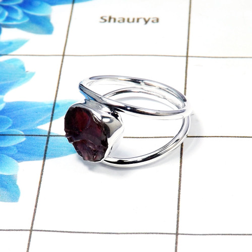 Raw Natural Garnet Gemstone -SRR972-O-Sterling Silver Raw Gemstone Ring