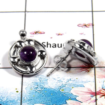Amethyst Cab F - SSE836 - Natural Purple Amethyst Cabochon Gemstone 925 Sterling Silver For Girl's Stud Earrings