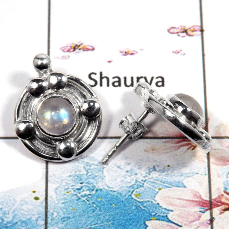 Rainbow Moonstone Cab G - SSE836 - Solid 925 Silver Blue Fire Rainbow Moonstone Gemstone For Girl's Stud Earrings