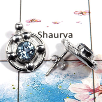 Blue Topaz Cut J - SSE836 - Natural Blue Topaz 6mm Round Cut Gemstone Solid 925 Sterling Silver For Girl's Stud Earrings