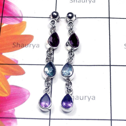 Multi Cut Gmestone C - SSE994-Sterling Silver Lovely Gemstone Fancy Stud Earring