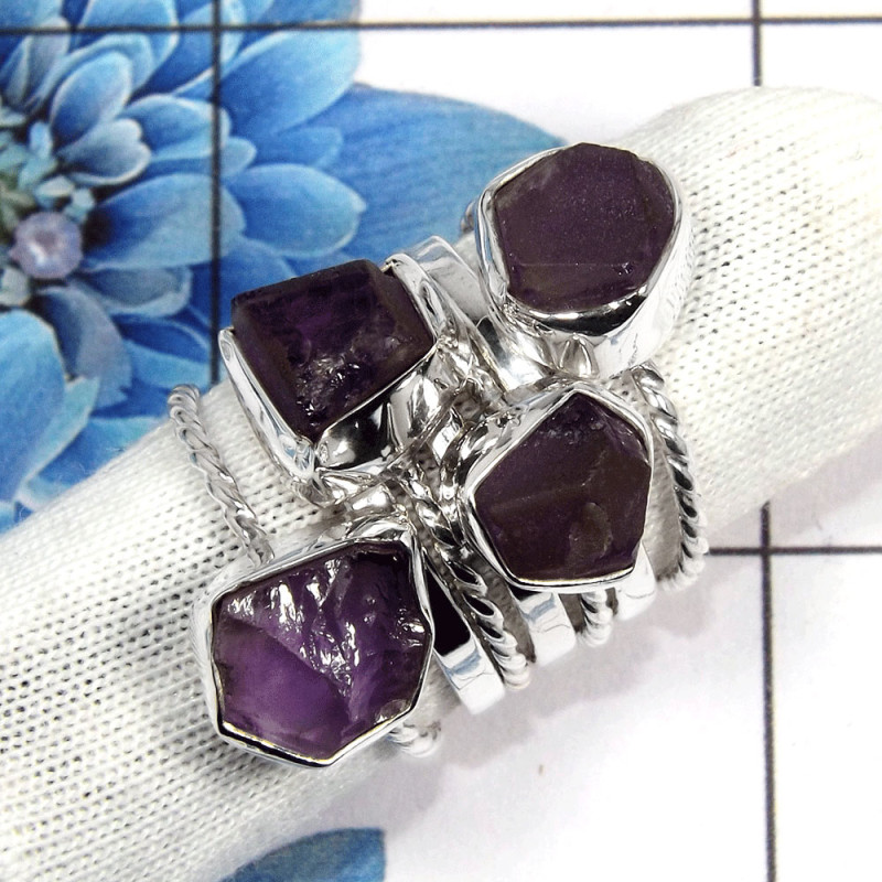 Amethyst Rough Gemstone - B STK920 - Solid 925 Sterling Silver Natural Purple Amethyst Rough Stone 7 Pcs Stacking Ring Amethyst Rough Gemstone - B STK920 - Solid 925 Sterling Silver Natural Purple Amethyst Rough Stone 7 Pcs Stacking Ring