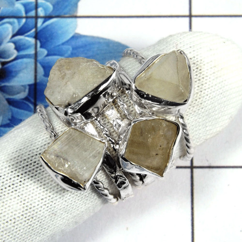 Rainbow Moonstone Rough Gemstone - C STK920 - Indian Factory Made Solid 925 Sterling Silver 7 Pcs Handmade Stacking Ring Rainbow Moonstone Rough Gemstone - C STK920 - Indian Factory Made Solid 925 Sterling Silver 7 Pcs Handmade Stacking Ring