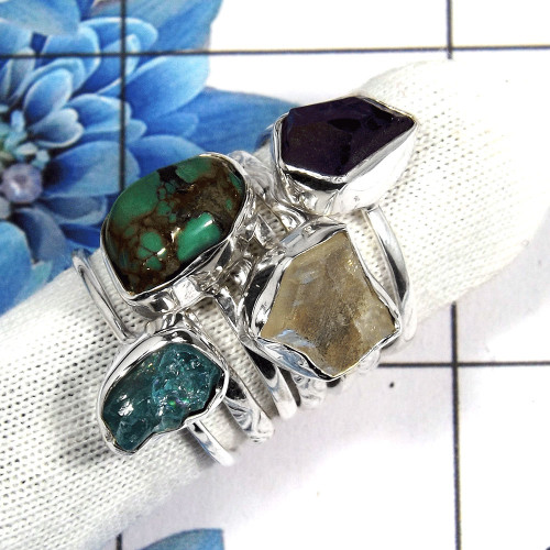 Mix Rough Gemstone - N STK920 - Exclusive Collection 925 Sterling Silver Natural Mix Rough Stone 7 Pcs Stacking Ring