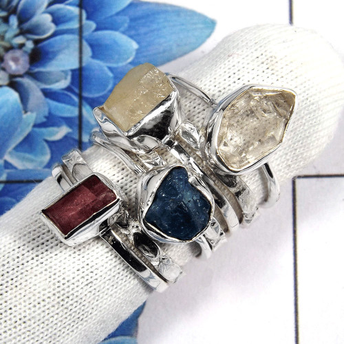 Mix Rough Gemstone - O STK920 - Newly Collection Mix Rough Stone 925 Sterling Silver 7 Pcs Wholesale Lots Stacking Ring