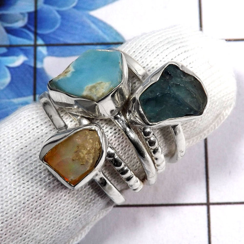 Mix Rough Gemstone - D STK921 - Solid 92.5% Sterling Silver Natural Mix Rough Stone 5 Pcs Stacking Handmade Ring