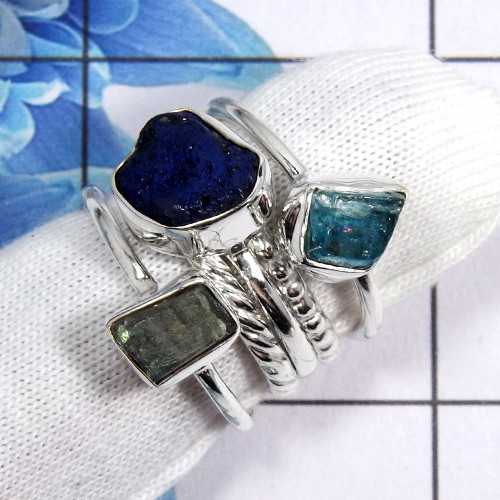Mix Rough Gemstone - H STK921 - Awesome Natural Mix Rough Gemstone 925 Sterling Silver 5 Pcs Stacking Ring