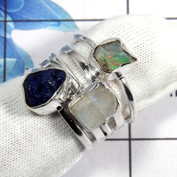 Mix Rough Gemstone - G STK922 - Pretty Look Natural Mix Rough Stone 925 Sterling Silver 5 Pcs Stacking Ring Mix Rough Gemstone - G STK922 - Pretty Look Natural Mix Rough Stone 925 Sterling Silver 5 Pcs Stacking Ring