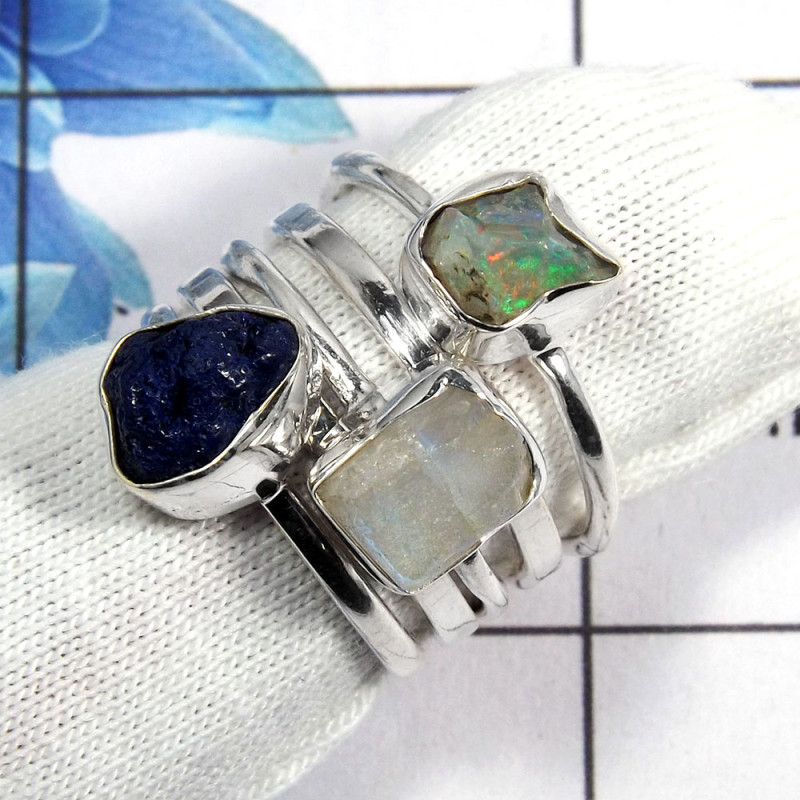 Mix Rough Gemstone - G STK922 - Pretty Look Natural Mix Rough Stone 925 Sterling Silver 5 Pcs Stacking Ring Mix Rough Gemstone - G STK922 - Pretty Look Natural Mix Rough Stone 925 Sterling Silver 5 Pcs Stacking Ring