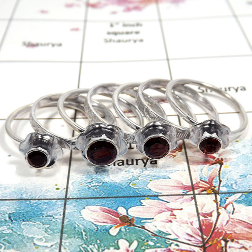 Garnet Cut - I STK923 - Natural Red Garnet Round Cut Gemstone 925 Sterling Silver Flower Design 7 Pcs Stacking Ring