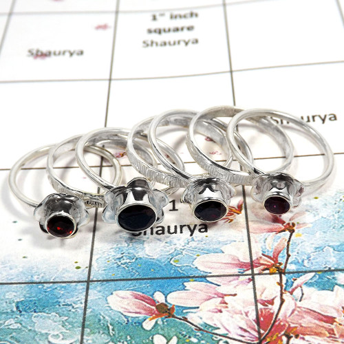 Garnet & Pink Topaz Cut - J STK923 - Indian Company Made Solid 925 Sterling Silver Flower Design 7 Pcs Stacking Ring