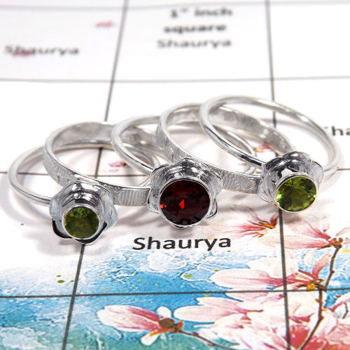 Garnet & Peridot Cut - K STK927 - Indian Company Made 925 Sterling Silver Flower Design 5 Pcs Stacking Ring