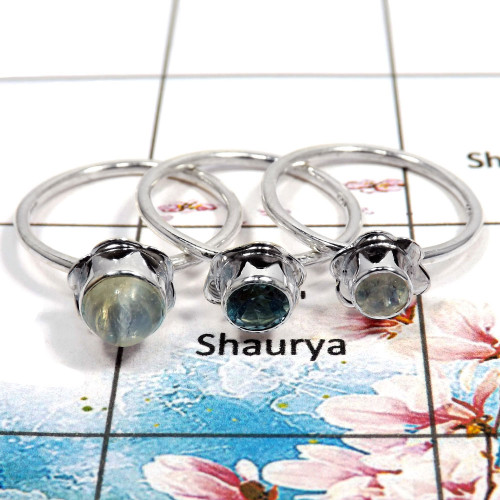 Rainbow Moonstone Cab & Blue Topaz Cut - A STK930 - Semiprecious Cut & Cut Gemstone 925 Sterling Silver Stacking Ring