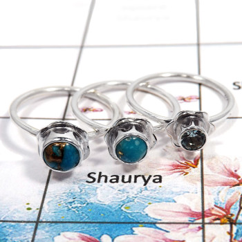 Blue Copper Turquoise Cab & Blue Topaz Cut - J STK930 - Blue Copper Turquoise & Blue Topaz Stone 925 Silver Flower Design Stacki Blue Copper Turquoise Cab & Blue Topaz Cut - J STK930 - Blue Copper Turquoise & Blue Topaz Stone 925 Silver Flower Design Stacki
