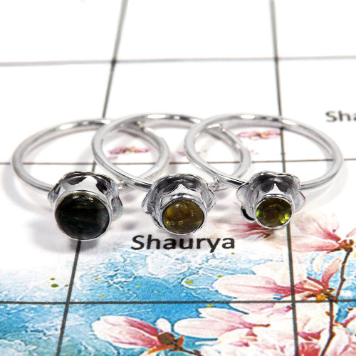Seraphinite & Golden Rutile Cab & Peridot Cut - K STK930 - 925 Sterling Silver Flower Design Light Weight Stacking Ring