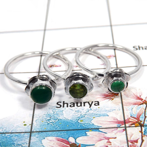 Green Onyx & Malachite Cab & Peridot Cut - L STK930 - Indian Company Made Solid 925 Silver Flower Design Stacking Ring