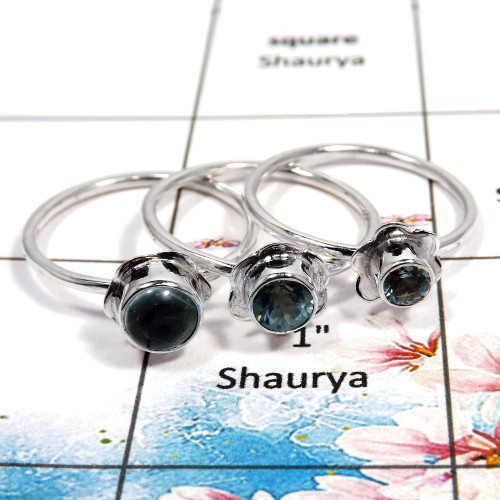 Aquamarine Cab & Blue Topaz Cut - M STK930 - Newly Handmade Cab & Cut STone 925 Silver Stacking Ring