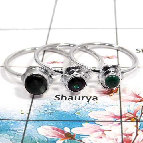 Seraphinite & Malachite Cab & Mystic Cut - N STK930 - Solid 925 Sterling Silver Flower Design Stacking Ring