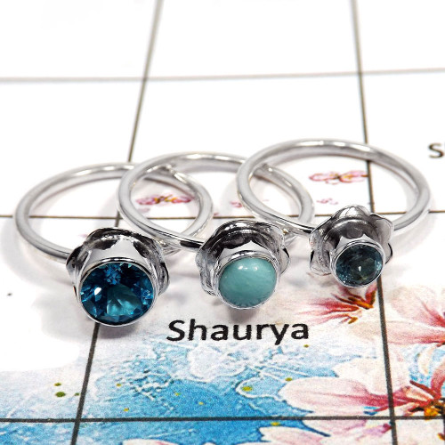 Larimar Cab & Blue Topaz Cut - O STK930 - Natural Cab & Cut Gemstone 925 Silver Flower Design Light Weight Stacking Ring