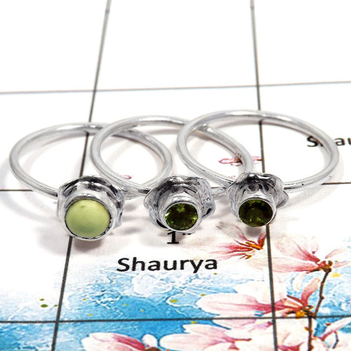 Chrysoprase Cab & Peridot Cut - P STK930 - Indian Factory Made Solid 925 Silver Flower Design Light Weight Stacking Ring
