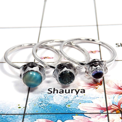 Larimar & Tanzanite Cab & Blue Topaz Cut - Q STK930 - Solid 925 Sterling Silver Flower Design Stacking Ring