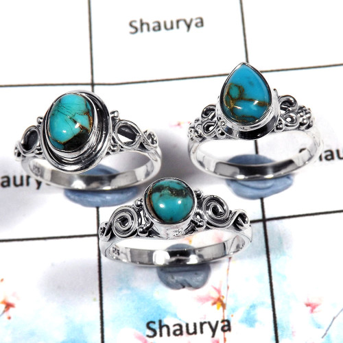 Blue Copper Turquoise Cab - O SVP795 - Indian Company Made Turquoise Gemstone 925 Silver 3 Pcs Wholesale Ring Blue Copper Turquoise Cab - O SVP795 - Indian Company Made Turquoise Gemstone 925 Silver 3 Pcs Wholesale Ring