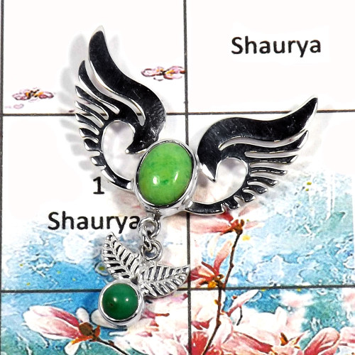 Chrysoprase Cab - C SWP995 - Indian Factory Made 925 Sterling Silver Guardian Angel Wings Pendant
