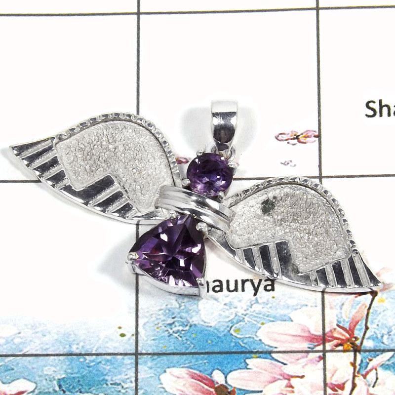 Amethyst Cut - F SWP996 - Solid 925 Sterling Silver Guardian Wings Natural Amethyst Cut Gemstone Pendant Amethyst Cut - F SWP996 - Solid 925 Sterling Silver Guardian Wings Natural Amethyst Cut Gemstone Pendant