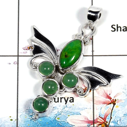 Chrysoprase Cab - B SWP998 - Indian Factory Made Chrysoprase Gemstone 925 Silver Guardian Wings Pendant