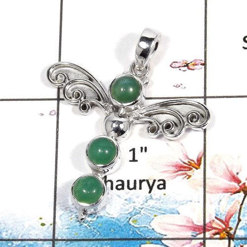 Chrysoprase Cab - B SWP999 - 5x5mm Round Cab Gemstone Solid 925 Sterling Silver Guardian Wings Pendant