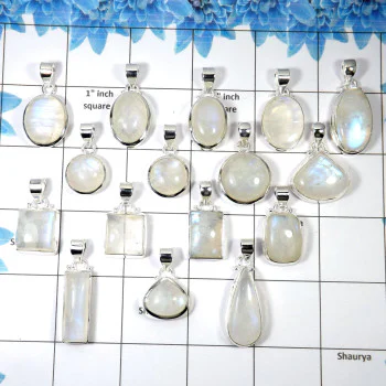 100 Gram Assorted Rainbow Moonstone - W2H974-Assorted Natural Rainbow Moonstone 925 Sterling Silver Wholesale Pendant Lot 13 to