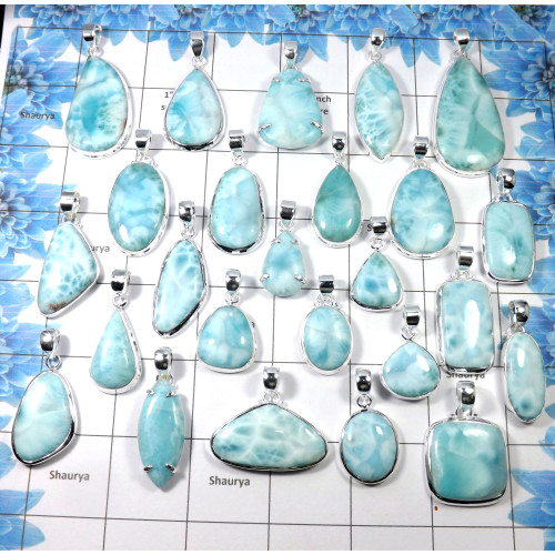 100 Gram Assorted Larimar - W2H978-Assorted Larimar 925 Sterling Silver Wholesale Pendant Lot 13 to 17 Pcs