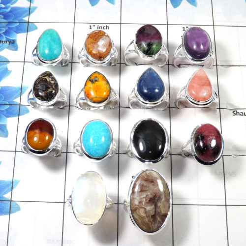 100 Gram Assorted Gemstone - W2H979-Assorted Mix Gemstone Multi Shape Solid 925 Silver Wholesale Rings Lot 12 to 16 Pcs