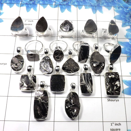 Shungite Combo Lot  - W2H982-Genuine Shungite Gemstone Solid 925 Sterling Silver 10 pcs Pendant 9 Pcs Ring Combo Lot